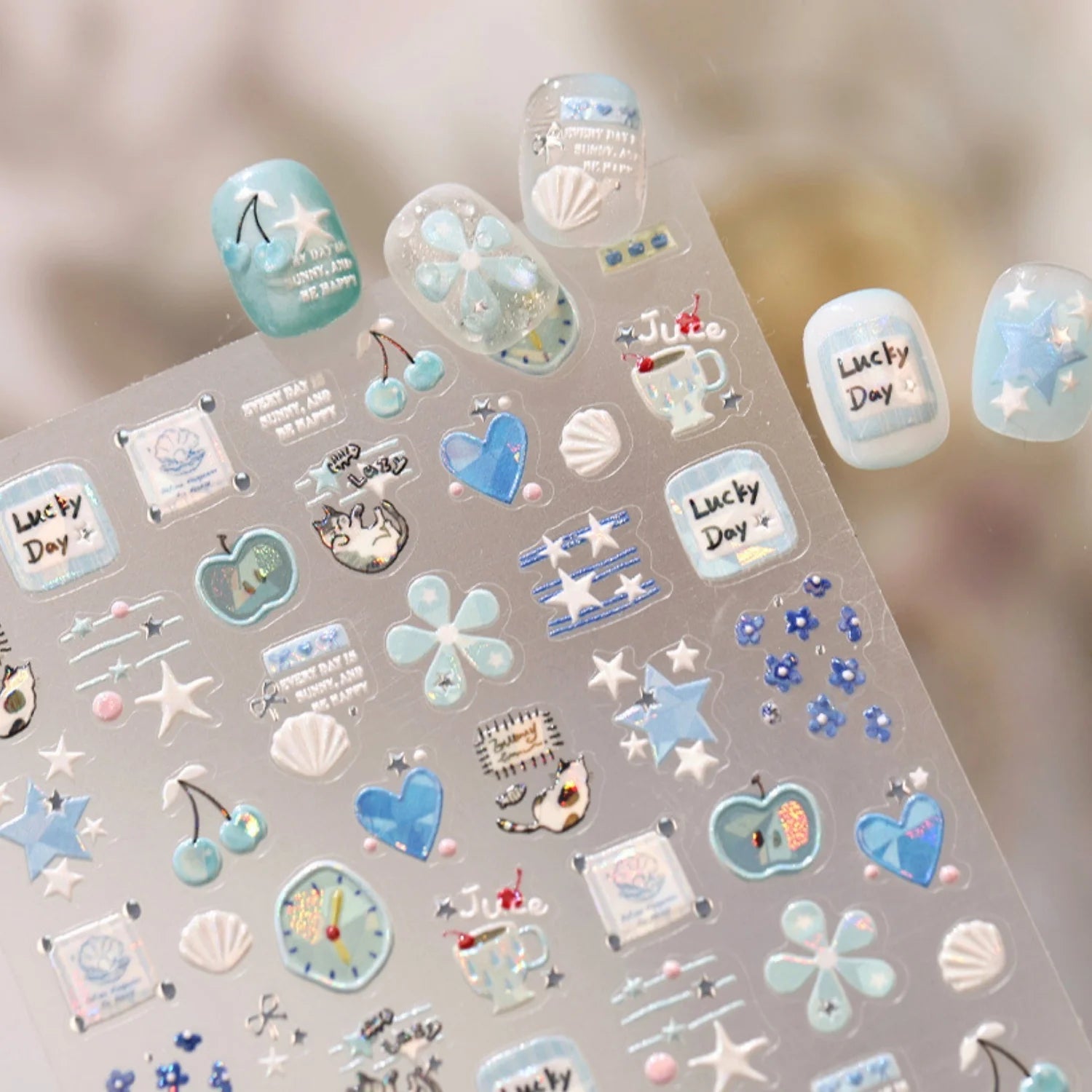 Light Blue 5D Nail Art Stickers Cartoon Cat Cherry Apple Clock Starfish Shell Blossom Decal Self Adhesive Sweet Fresh Manicure