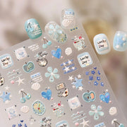Light Blue 5D Nail Art Stickers Cartoon Cat Cherry Apple Clock Starfish Shell Blossom Decal Self Adhesive Sweet Fresh Manicure
