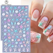 2pcs Ocean Animals Nail Art Stickers 5D Embossed Starfish Seashell Conch Coral Nail Decals DIY Summer Manicure Decoration Slider