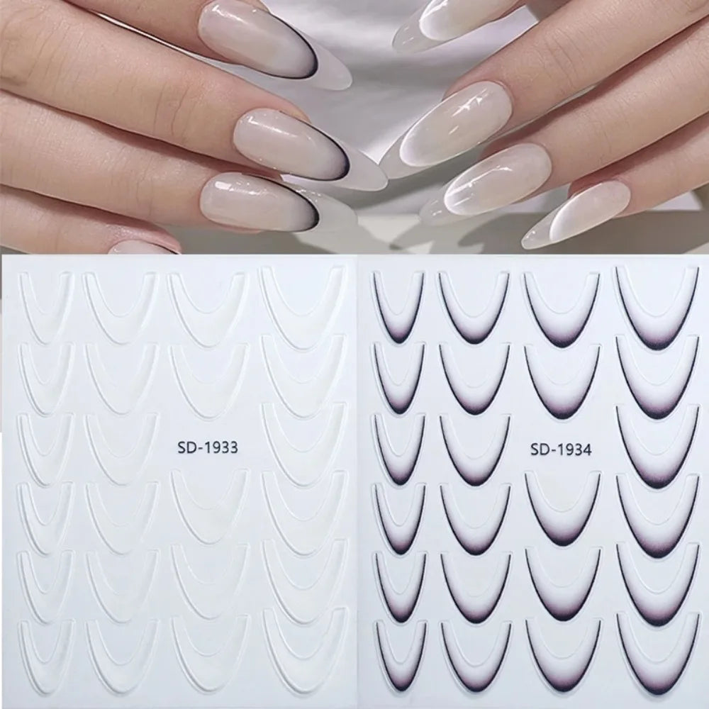 2 Sheets French Gradient Line Nail Art Stickers 3D Self Adhesive White Black Household Salon Manicure Supply