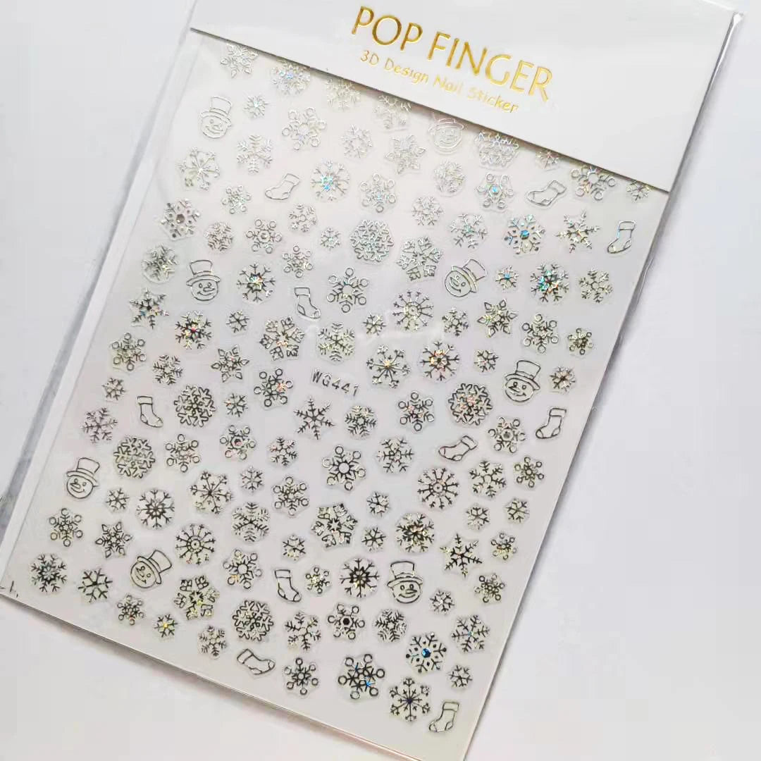 Sliver Bronzing 3D Christmas Nail Art Decoration Sticker Sparkly White Colorful Glitter Geometry Snowflake Winter Slider Foil