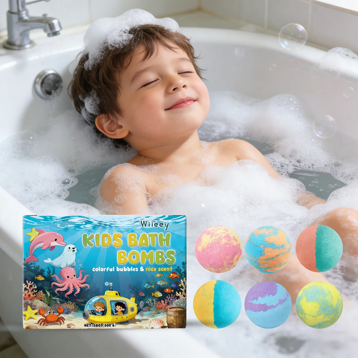 Wiieey Bath Balls for Kids Gentle Skin Cleansing Deep Hydration Calming Scent Infusion Rich Bubble Soothing Bath Bombs 180g
