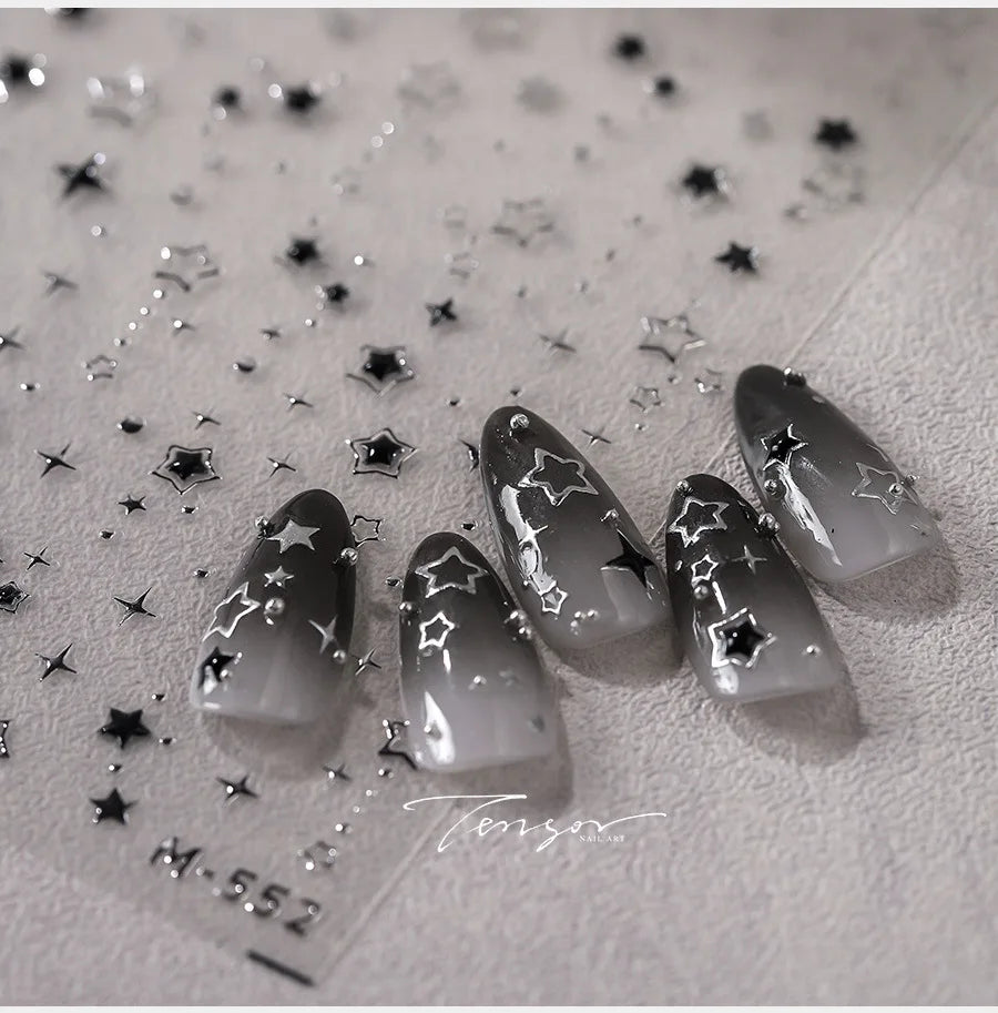 5D Luxury Star Nail Stickers for Nail Art Stars Black Silver Nail Decals Gilding Hollow Out Five-Pointed Nail Art Design Slider