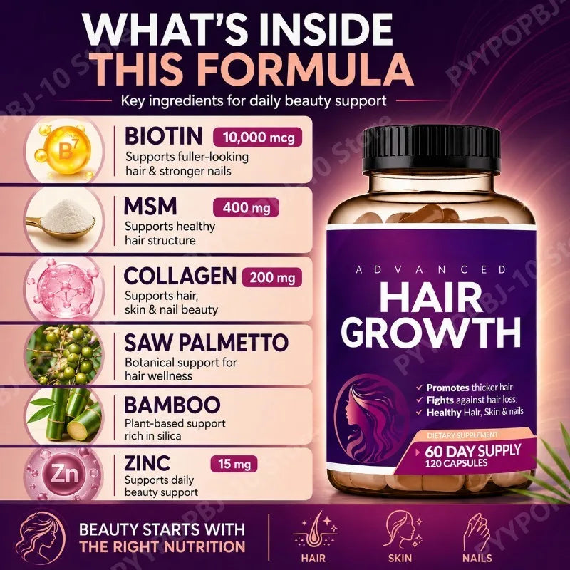 Hair Growth Vitamins for Women Biotin 10000 Mcg Collagen Saw Palmetto Naturally Regrow Skin Nails 60 Day Supply