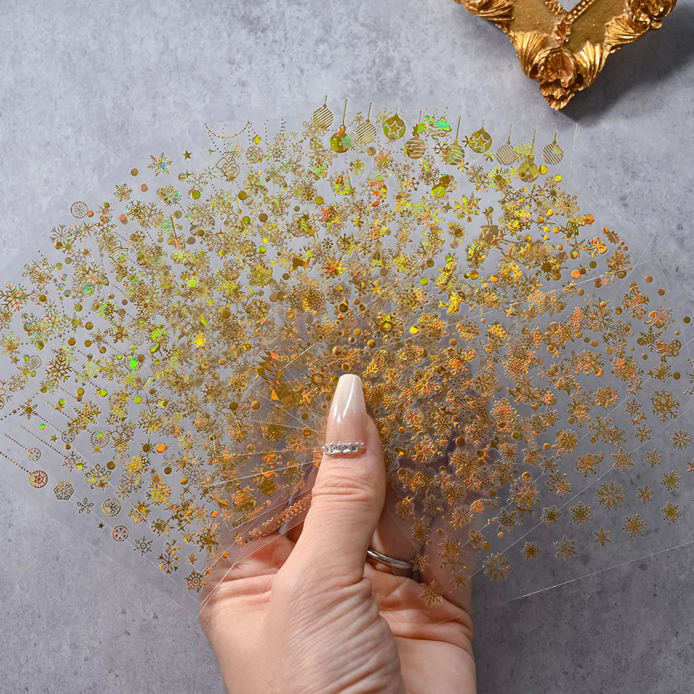 12Pcs Christmas Laser Silver Snowflakes Nail Stickers Set 3D Bronzing Snowflake Nail Decal 8*10cm HOLO Snowflake Xmas Slider