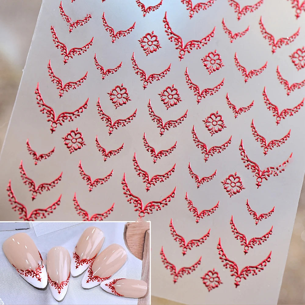 1pcs Gilded French 3D Embossed Nail Stickers Metallic V-Shaped Lace Fingertip Pattern Charming Design Nails Decoration Supplies