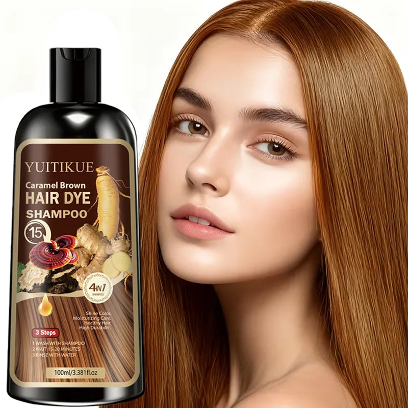 YUITIKUE 4-in-1 Caramel Brown Hair Dye Shampoo 100ml - Natural Instant Color Shampoo with Moisturizing Care