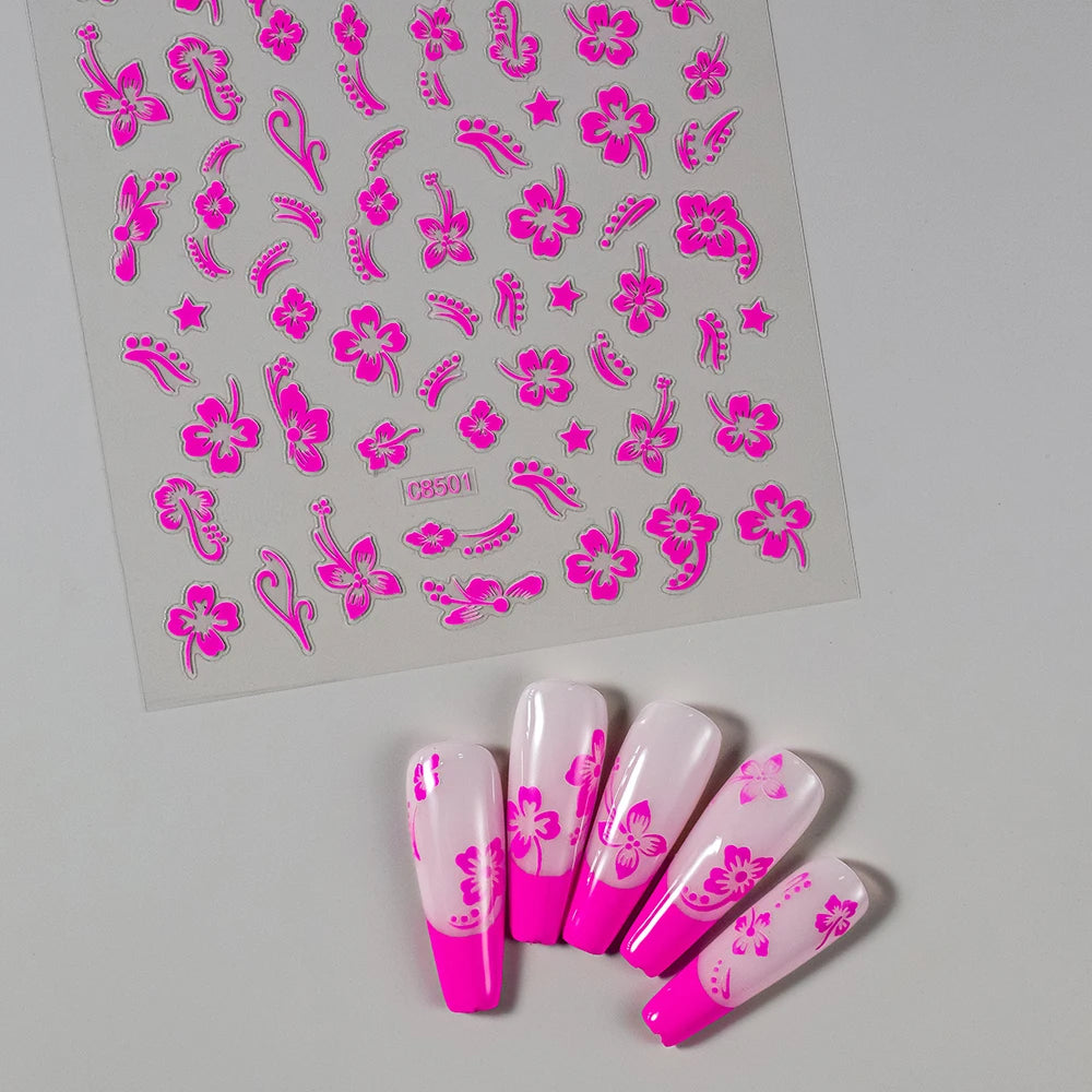 2pcs 3D Hibiscus Flower Nail Stickers 3D Self-Adhesive White Pink Flower Nail Decals Tropical Leaves Summer Nail Art Decoration