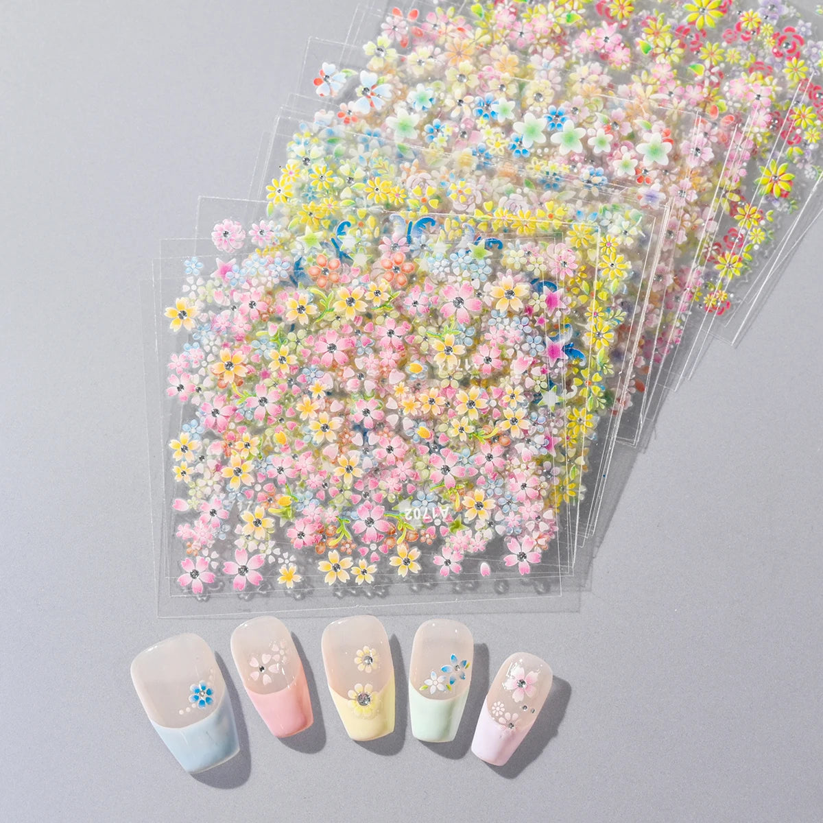 3D Colorful Flowers Cherry Blossoms Rose Daisy Nail Decals 20/30/60/70/90pcs Cute Heart Nail Sticker Manicure Decoration 5.5*6cm