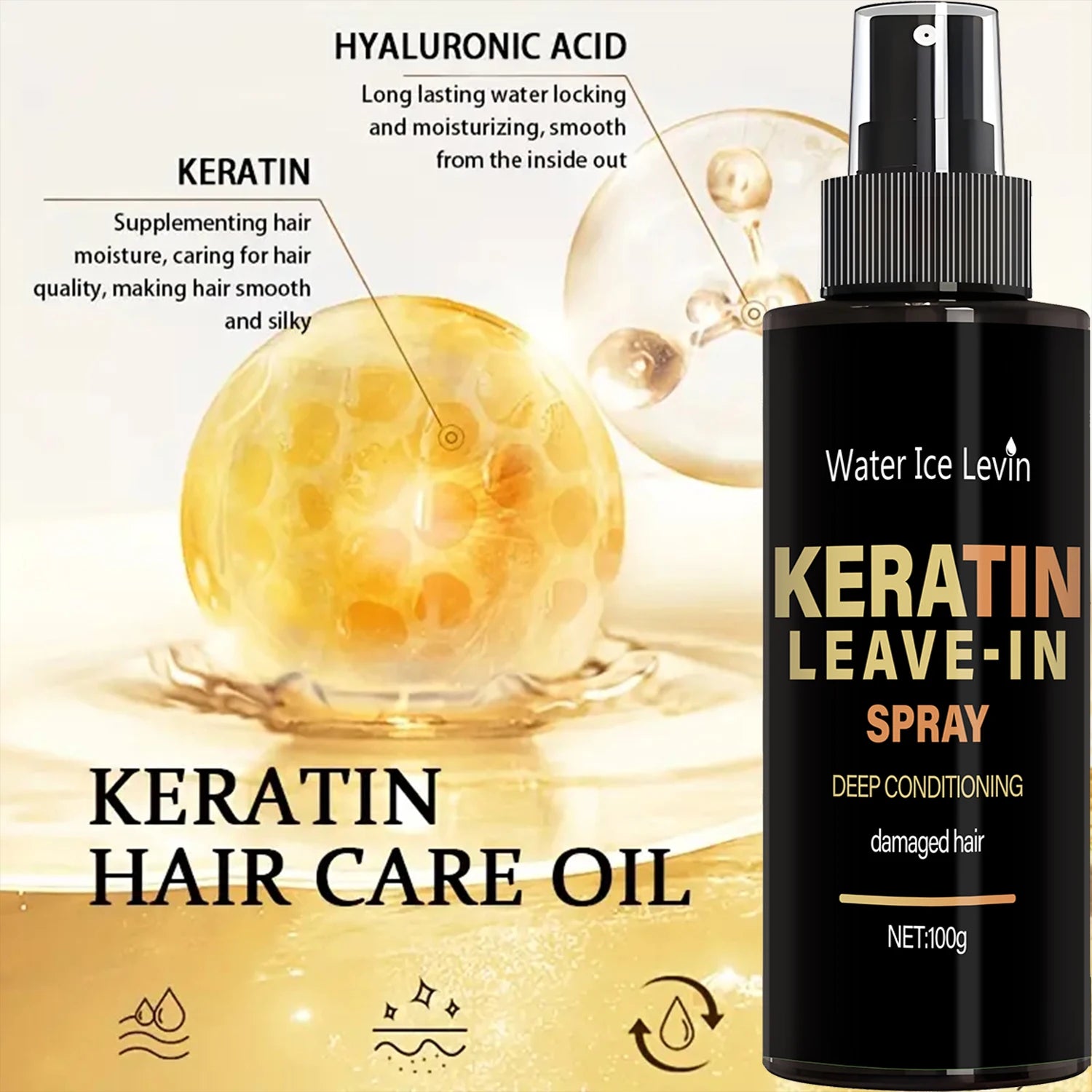 Keratin & Biotin Leave-In Spray 100g, Deep Conditioning Treatment for Damaged Hair, with Rice Amino Acids, Fast Shipping