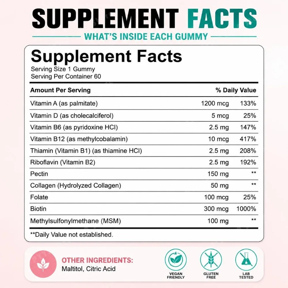 Bushaid Biotin Collagen Hair Gummies Strawberry Flavor Biotin 600mcg MSM Vitamins A D B6 B12 Non-GMO Vegan Gluten Free 60 Count