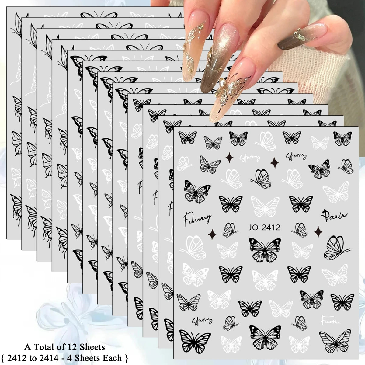 3/6/12 Sheets 3D Black White Butterfly Nail Stickers Self Adhesive Gothic French DIY Manicure Nail Decals