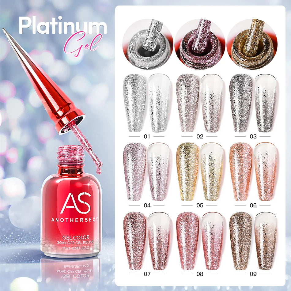AS 15ml Sparkle Platinum Gel Nail Polish Shiny Pink Gold Silver Glitter Painting Gel Drawing Semi Permanent Tpo Free Varnish