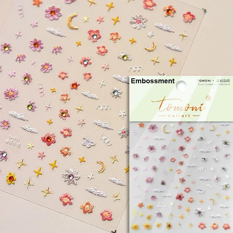 1 pc 5D sunflower nail stickers rose daisy cherry blossom self-adhesive nail art stickers oil painting style decorative sticker