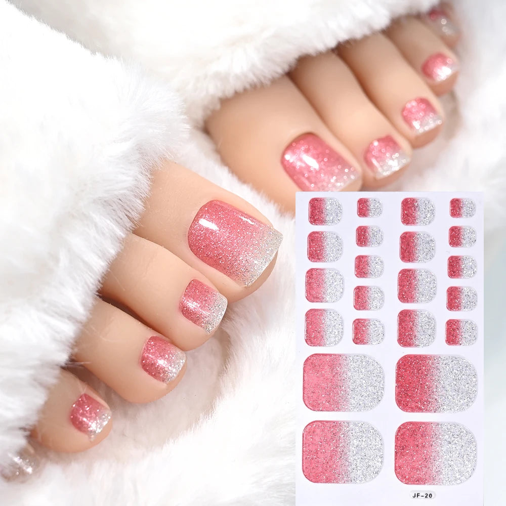1pcs 22tips Gradient Glitter Full Toe Nail Wraps 3D Shiny Omber Pink/Purple/blue Toe Nail Polish Stickers Baking Free Toe Strips