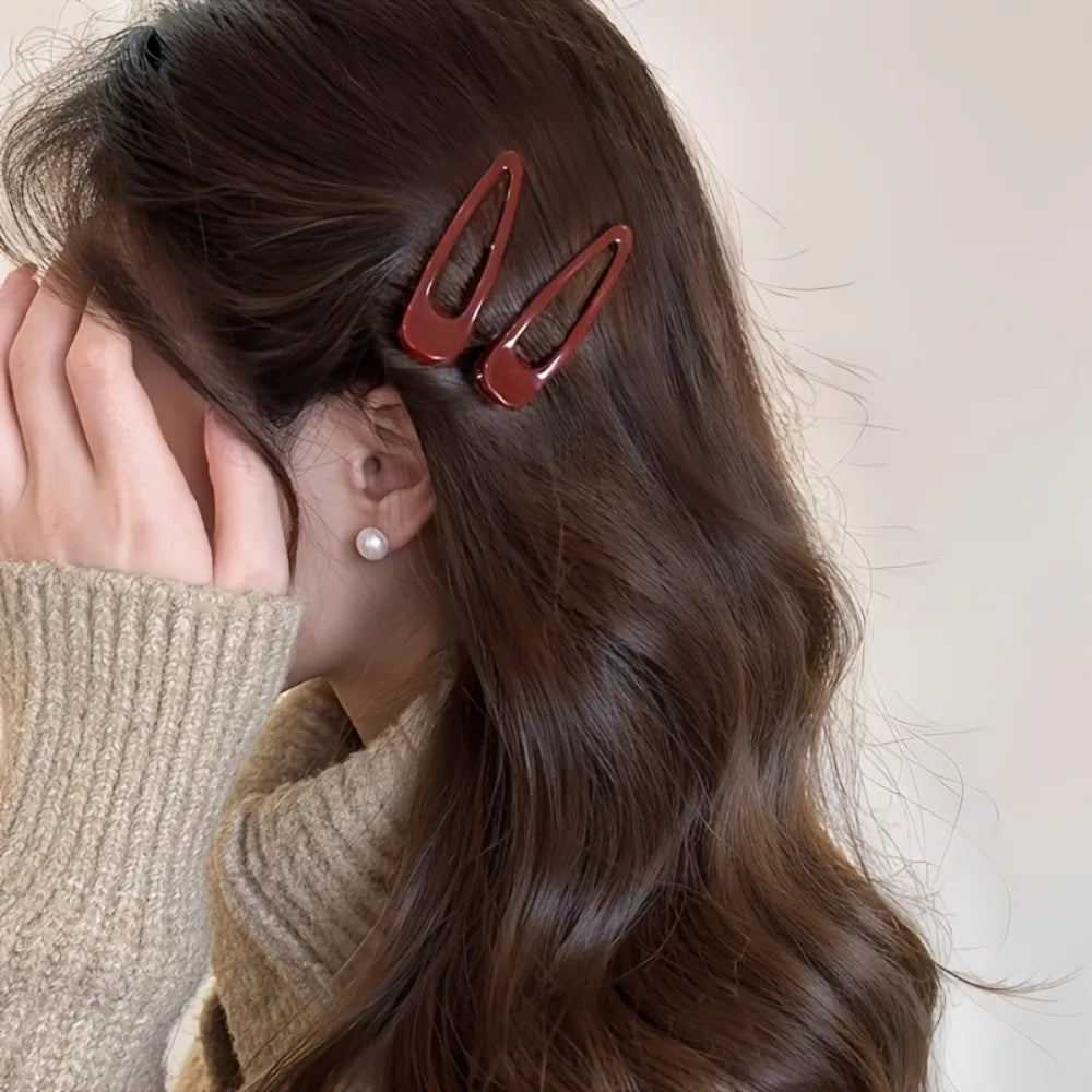 2pcs Advanced Wine Red Minimalist Oval Duckbill Clip Minimalist Side Broken Hair Clip Commuting Versatile Temperament Headband