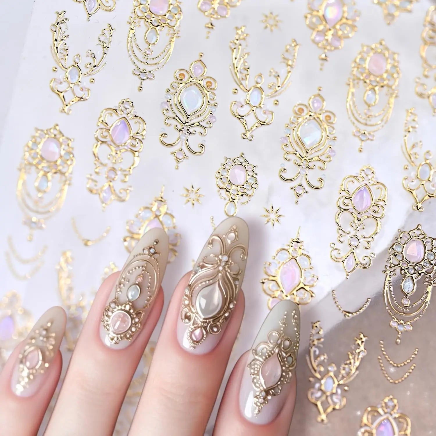 5D Luxury Gold Scepter Nail Art Stickers Gorgeous Gemstone Elegant Courtly Pattern Deca Necklace Frame Self Adhesive Nail Sticke