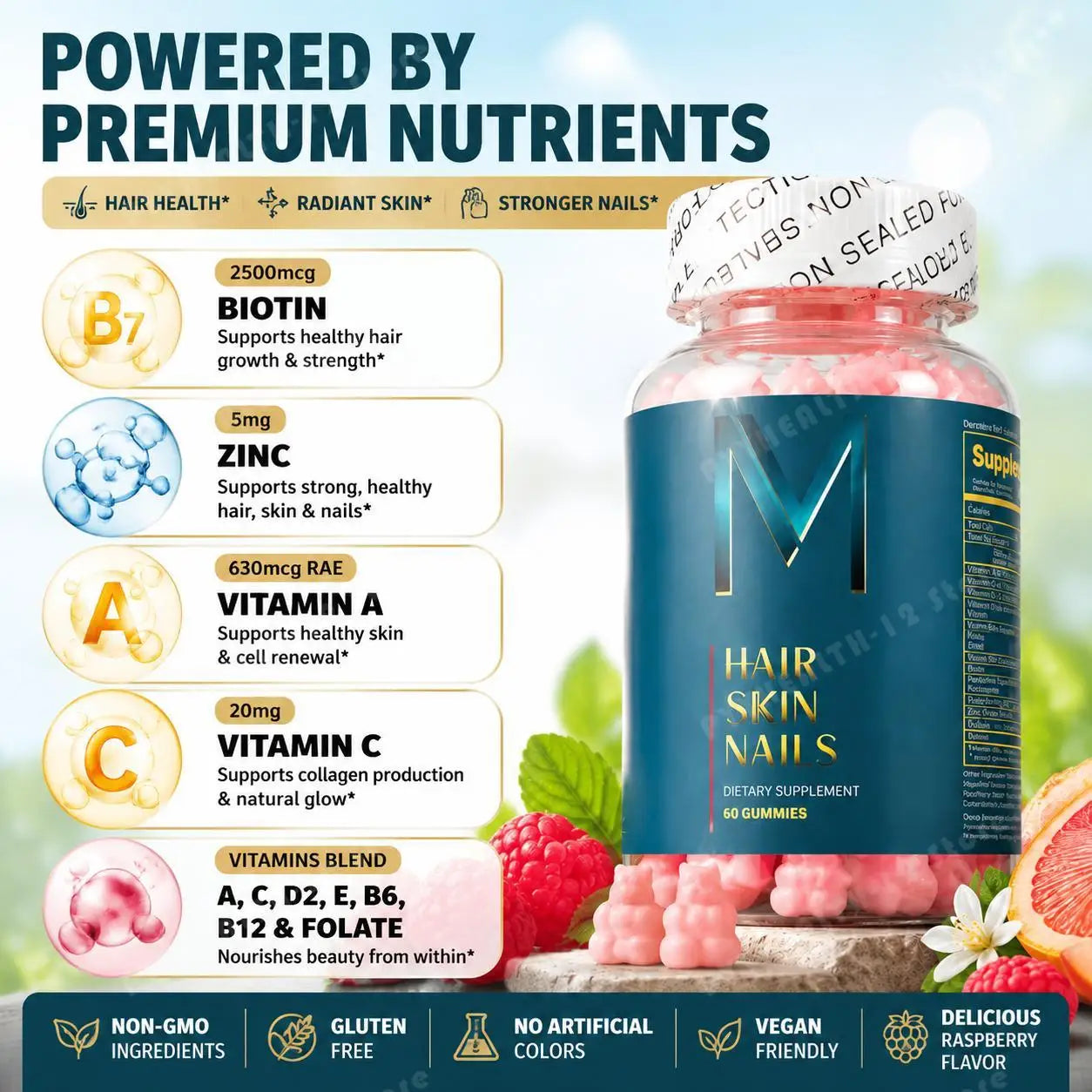 Hair Skin Nails Gummies with Biotin and Zinc, Vitamins A C D2 and E, plus B6 and B12 for radiant healthy skin, 60 Gummies