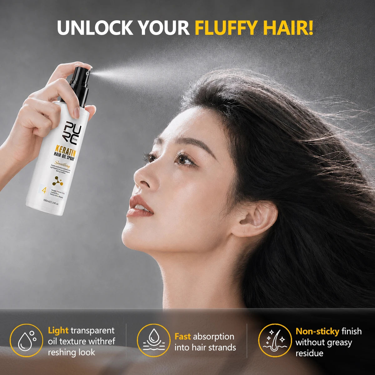 PURC Keratin Hair Oil Spray Salon Keratin Infusion Anti-Frizz Repair Shiny NonGreasy Lightweight 72H Smooth Dry Frizzy Hair Mist