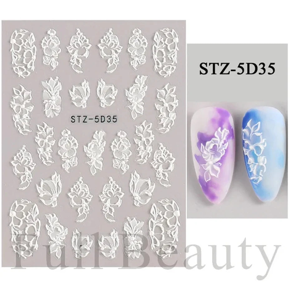 5D Simple Flowers Nail Embossed Stickers Elegant Wedding Design Adhesive Sliders Floral Textured Engraved Decoration Supplies