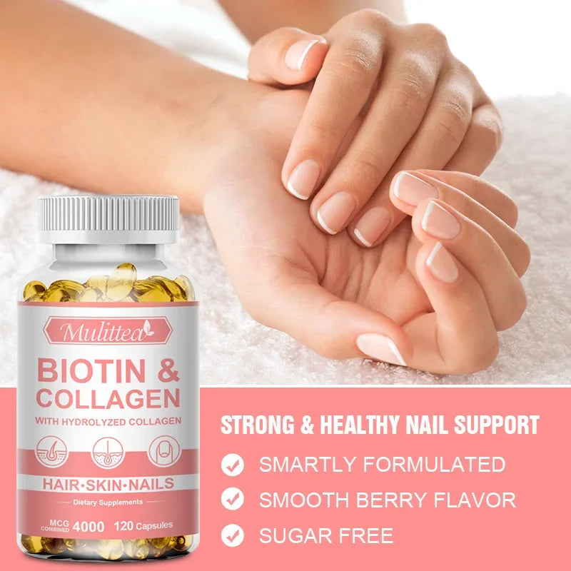 Mulittea Biotin &Collagen Capsules For Healthy Nails Hair Growth Strong Hair Dry Hair  Smooth Skin Hydrating Antioxidant