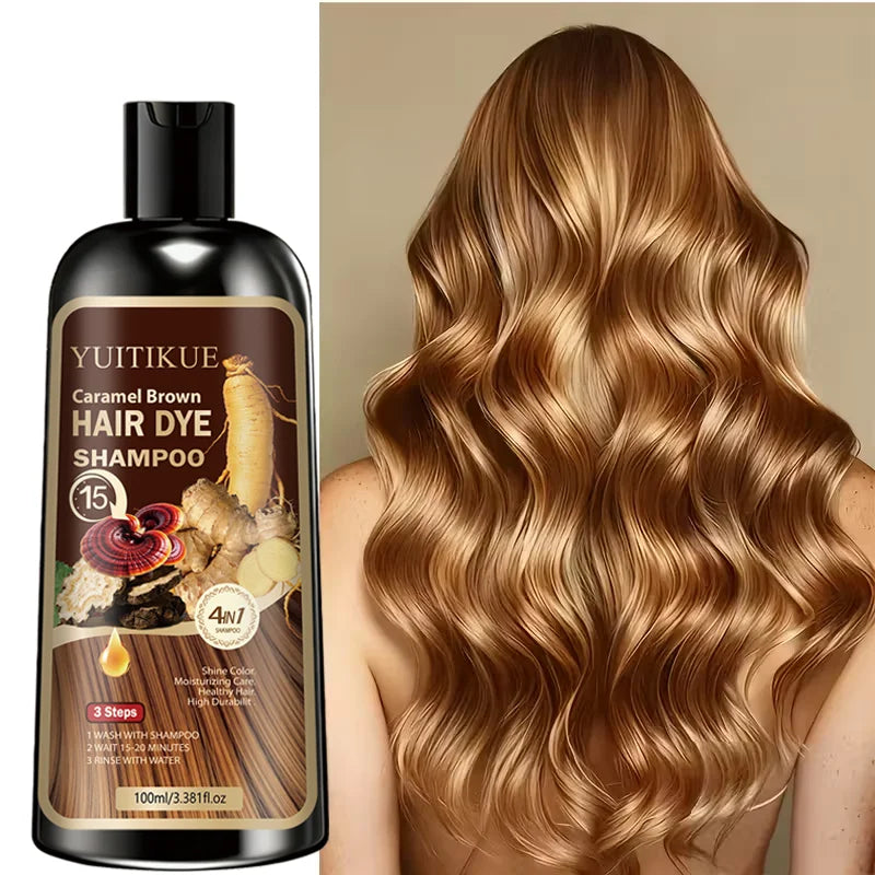 YUITIKUE 4-in-1 Caramel Brown Hair Dye Shampoo 100ml - Natural Instant Color Shampoo with Moisturizing Care