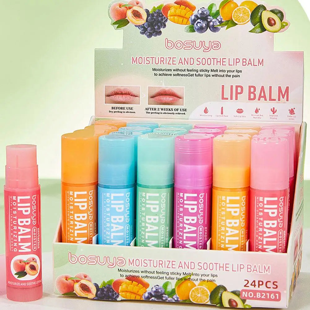 24PCs Natural Fresh Fruit Lip Balm Set Winter Moisturizing Lip Oil Long-Lasting Glossy Nourishing Lipstick Dry Lip Care Makeup