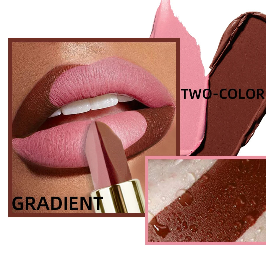1pc Two-tone Matte Lipstick Pink Waterproof Lip Makeup Easy to Use Lipstick Refill Lip Tint, Long Lasting Lip Senior Cosmetic Gi