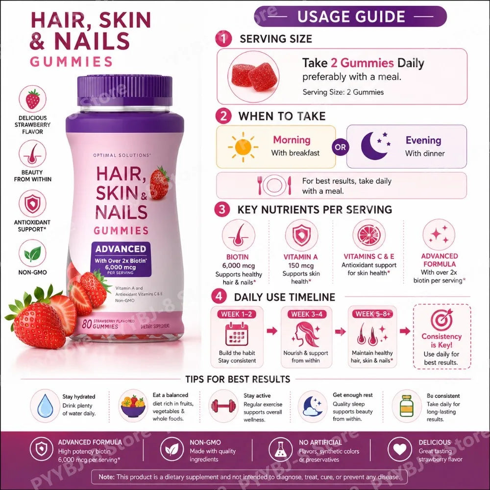 Biotin Gummie Strawberry Flavor with 6000Mcg Biotin & Vitamin Support Healthy Hair Skin and Nails 80pcs Nutritional Supplement