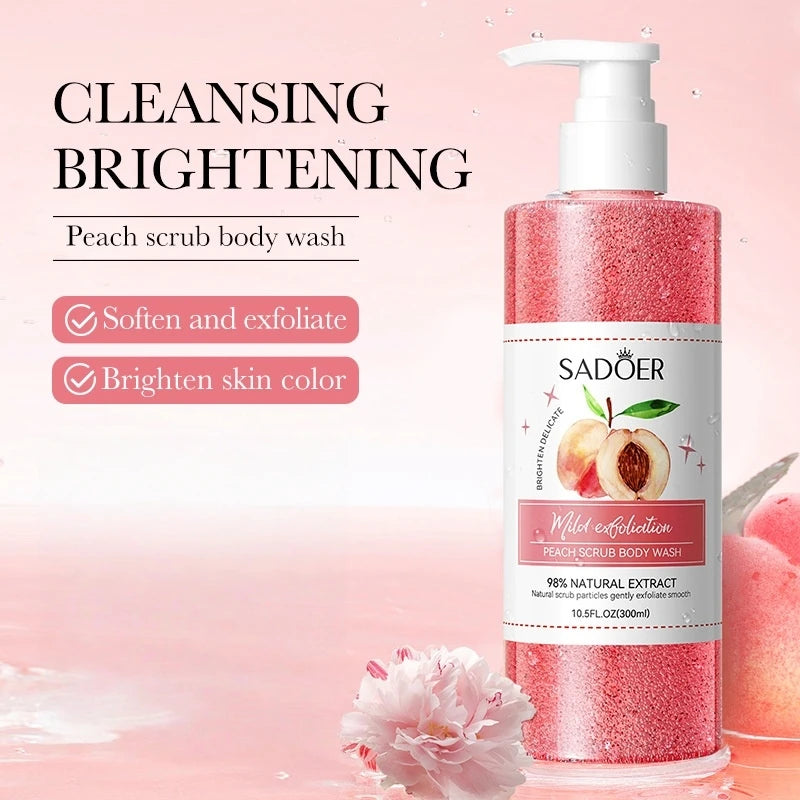 300ml Peach Exfoliating Shower Gel, Rich in Peach Extract, Citrate Salts and Other Ingredients, with a Fresh Peach Scent, Long-Lasting Fragrance, Rich Foam, and Delicate Exfoliating Particles That Can Effectively Penetrate an