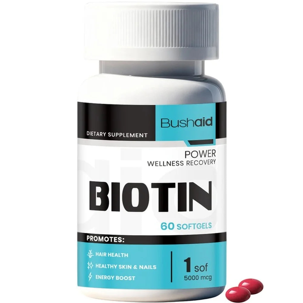 Bushaid Biotin 5000mcg Softgels Hair Skin Nails Vitamin B7 Keratin Support Energy Non-GMO Gluten Free 60 Softgels 60 Day