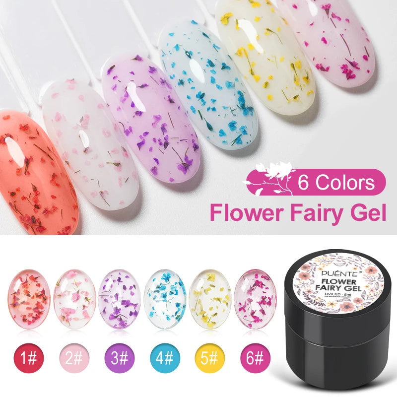 PUENTE 5ml Flower Fairy Gel Nail Polish Pink Blue Purple Natural Dried Flowers Gel For Nail Art Soak Off UV Varnish For Manicure