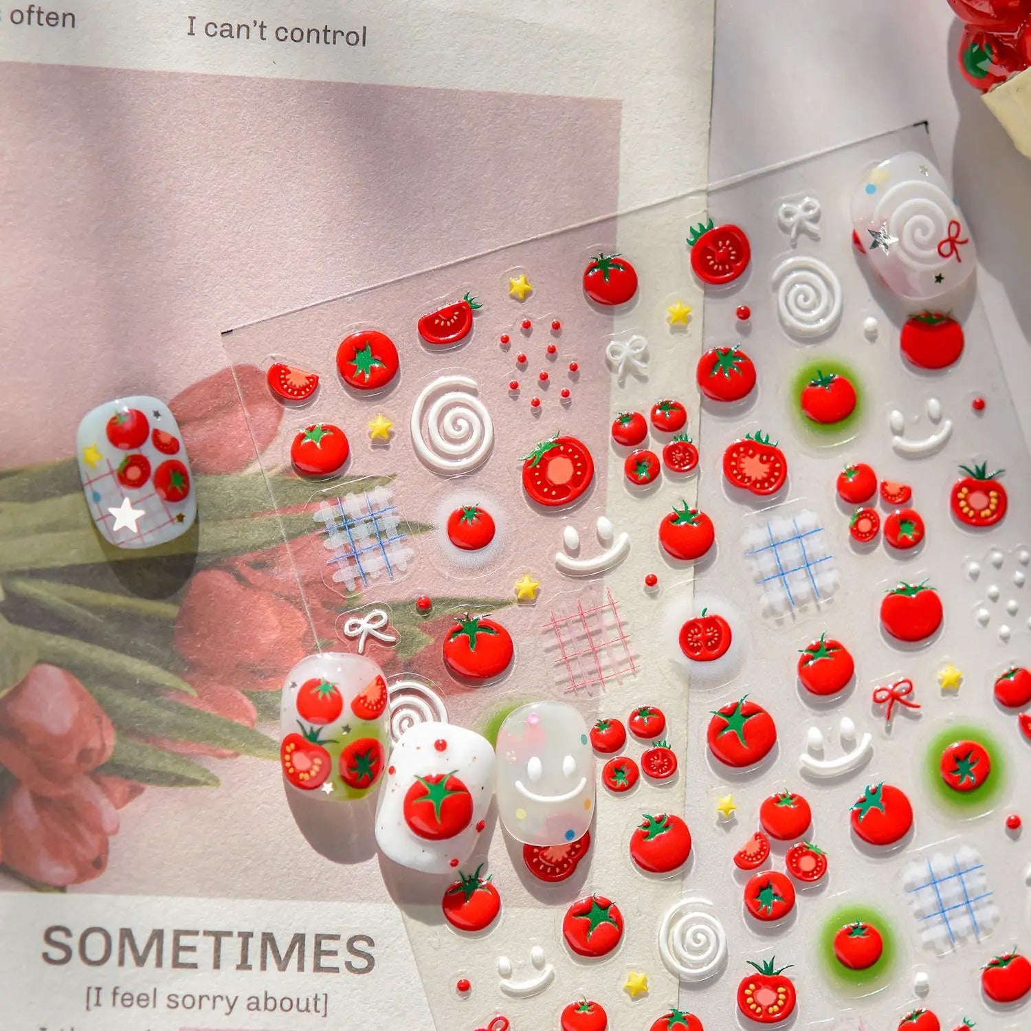 Jelly Nail Stickers Ice penetrating Cat Eyes Red Tomato Smile Bows Self Adhesive Nail Art Stickers DIY 5D Cute Nail Parts Decals