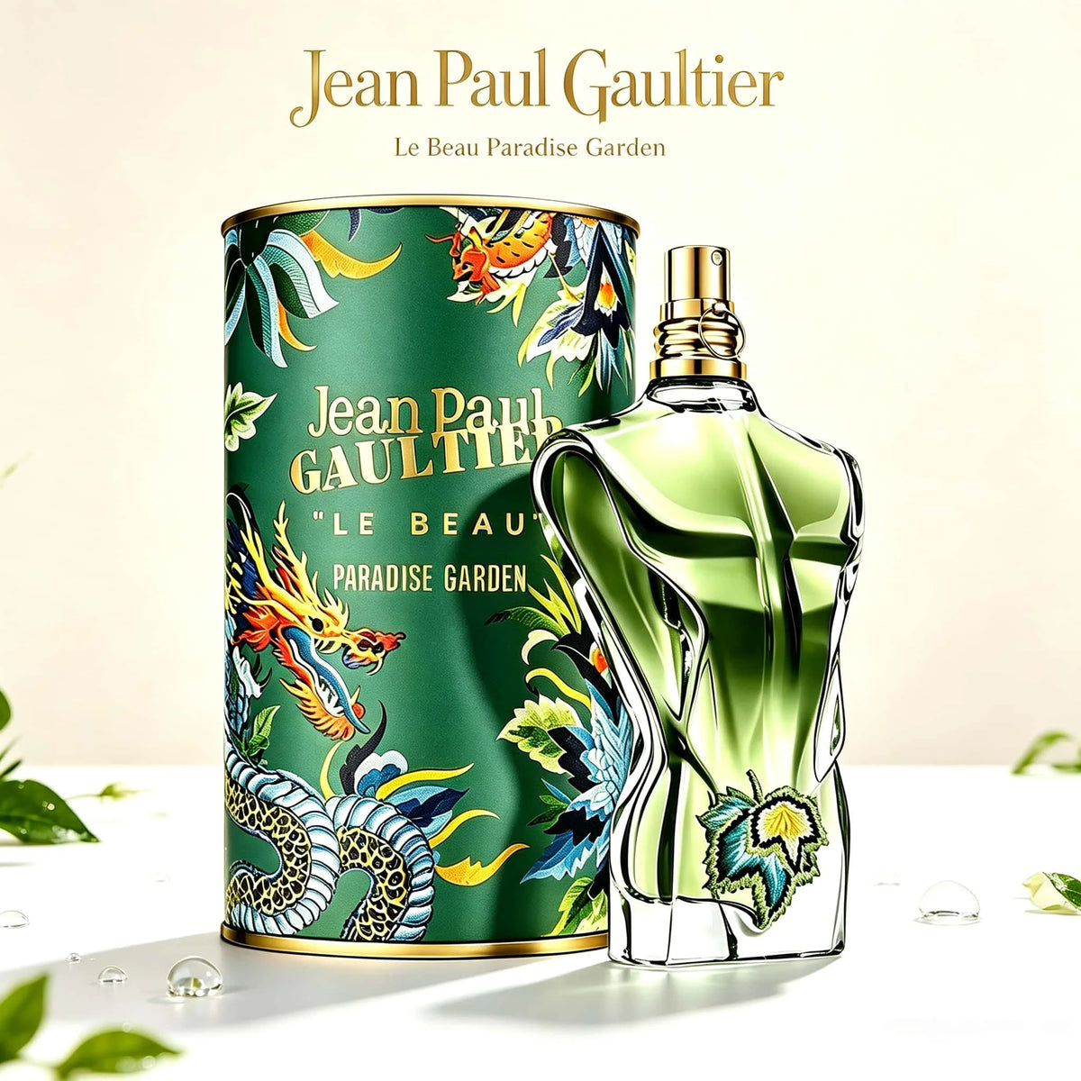 Jean Paul Gaultier Le Beau Paradise Garden Men Perfume 100ml, Special Human Torso Design Green Bottle With Ornate Dragon Floral Tin Box, Bright Fresh Spicy Woody EDP Fragrance For Daily Party Dating