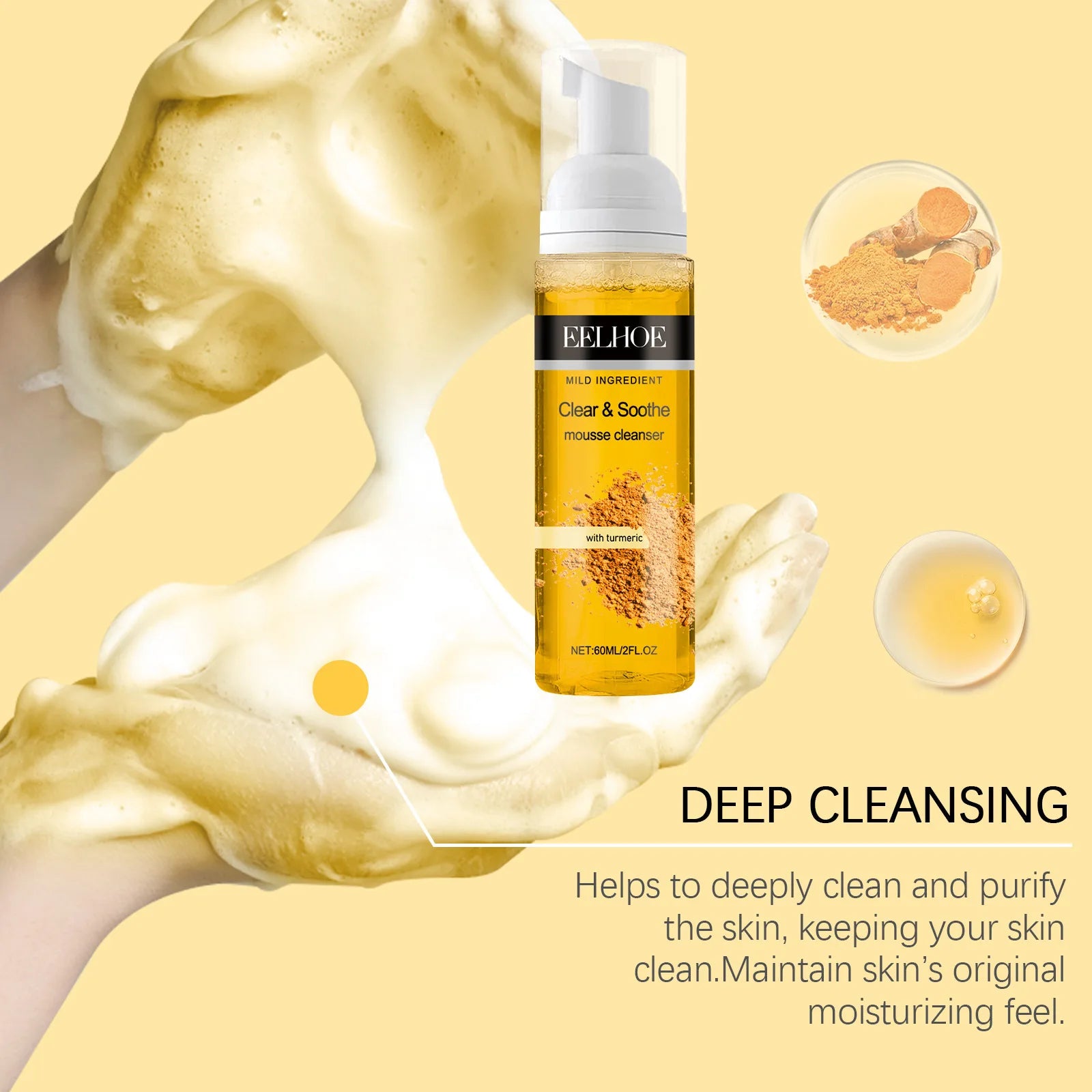 Turmeric Mousse Cleanser Face Cleaning Shrink Pores Oil Control Dull Skin Brightening Hydrated Facial Contour Foaming Cleanser