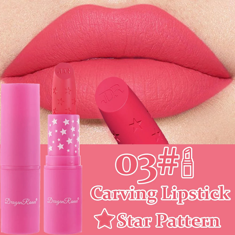 Waterproof Rose Pink Lipstick Star Embossed Velvet Matte Lasting Lip Stick Lasting Non-stick Cup Lip Gloss Women Makeup Cosmetic