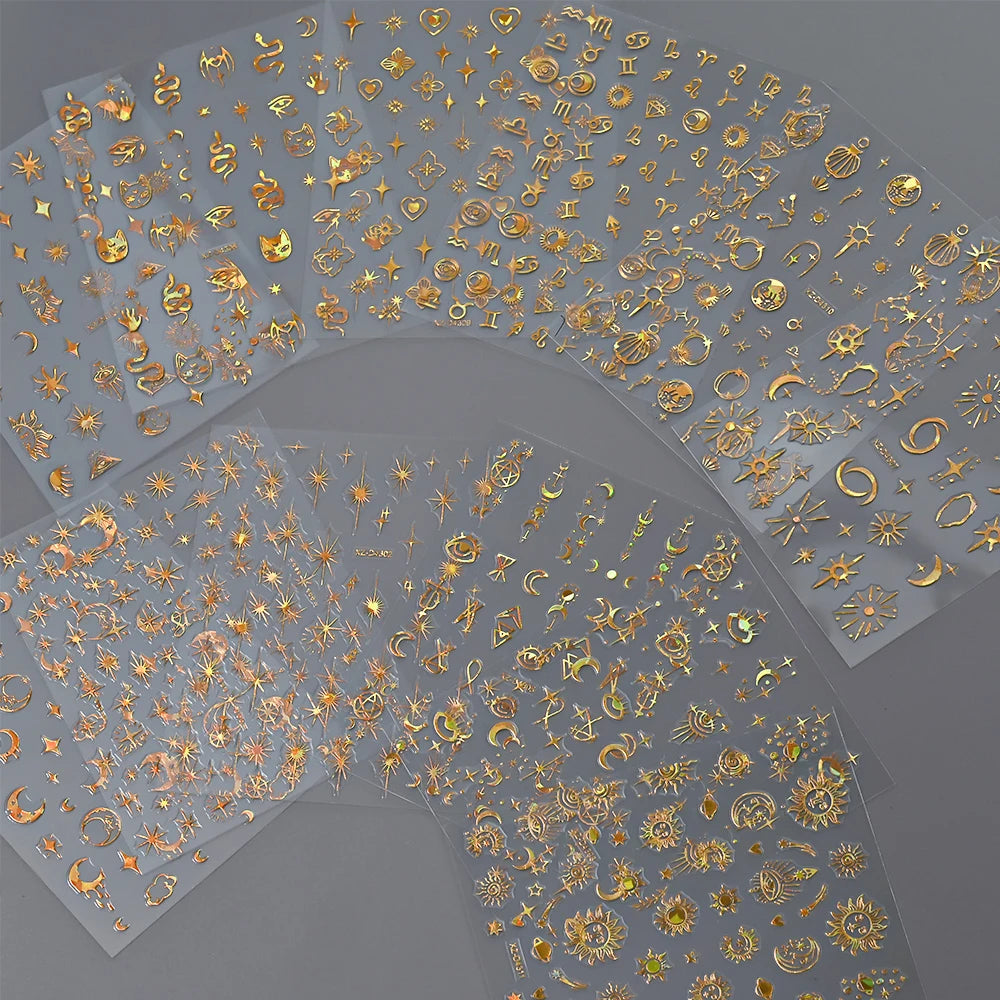 12Pcs 3D Laser Gold Silver Sun Star Moon Nail Stickers Y2K Snake/Starlight/Heart Adhesive Decals DIY Bronzing Nail Sliders