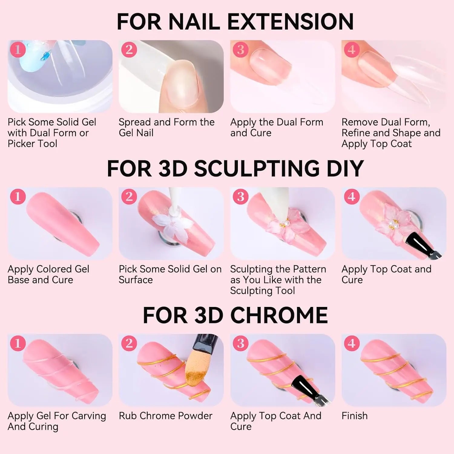 Makartt Solid Gel Builder: 4-in-1 Clear White Non-sticky for Extension 3D Sculpting Nail, UV Glue for Acrylic Tips, Rhinestones