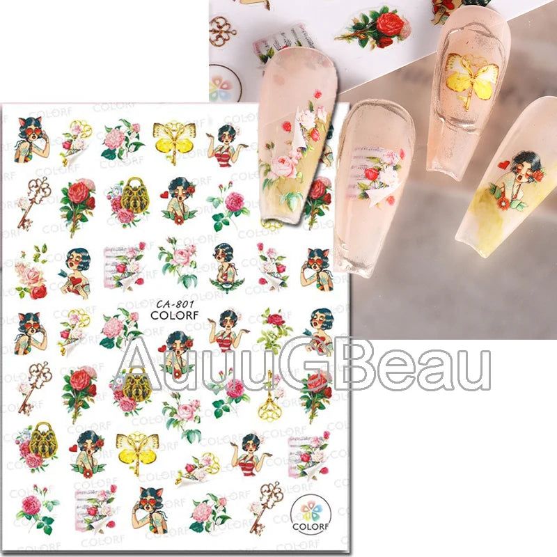 3d Nail Art Decals Geometric Lines Daisy Sunflowers Letters Adhesive Sliders Nail Stickers Decoration For Manicure
