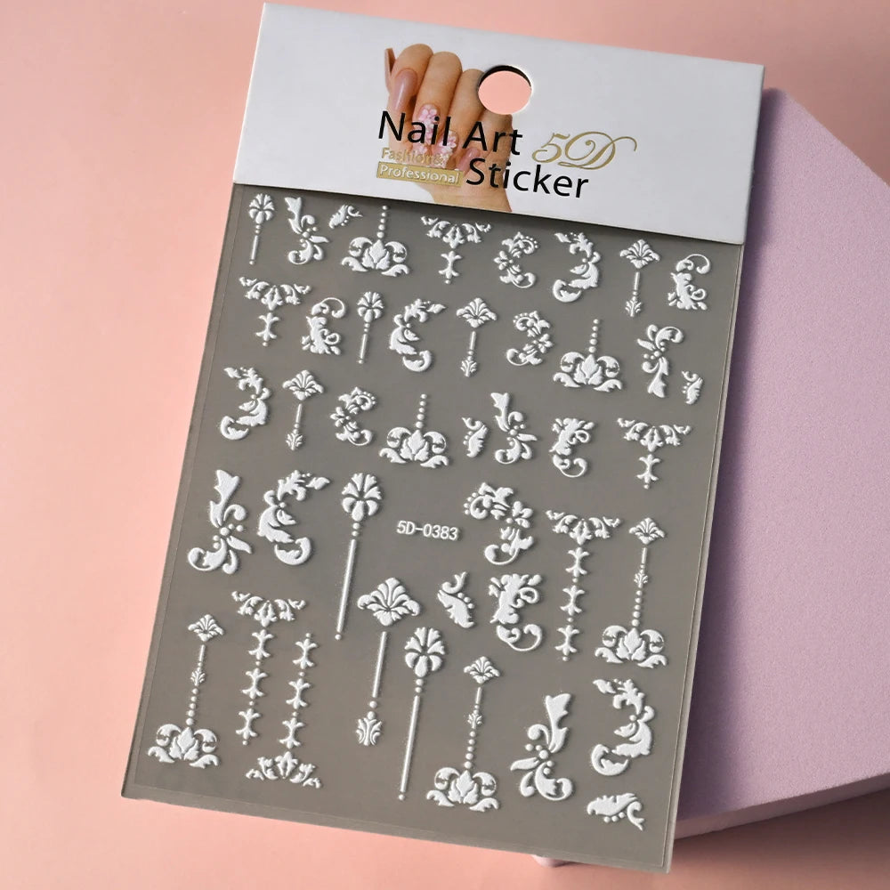 5D White Face Flowers Nail Art Stickers 8x10cm Elegant Wedding Bride White Floret Nail Decal Self-Adhesive Flowers Nail Slider