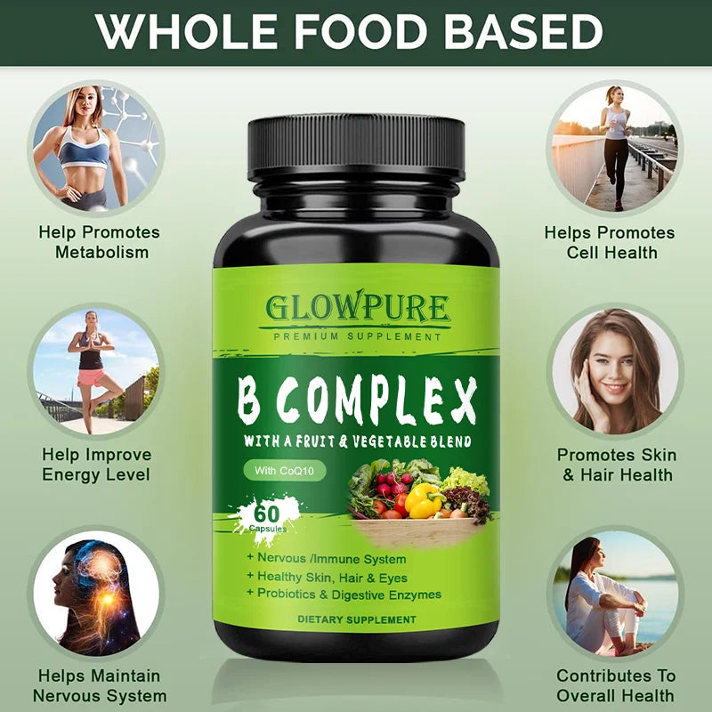 B Complex Vitamins for Nervous System & Energy - Supports Immunity, Heart Health, Hair, Skin & Nails