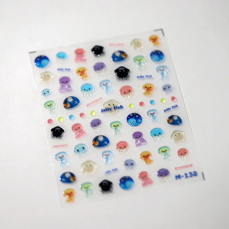 1pcs 5D Kawaii Jelly Fish Nail Art Stickers Blue Jellyfish Adhesive Nail Art Decorations Stickers 3D Manicure Decals Accessories