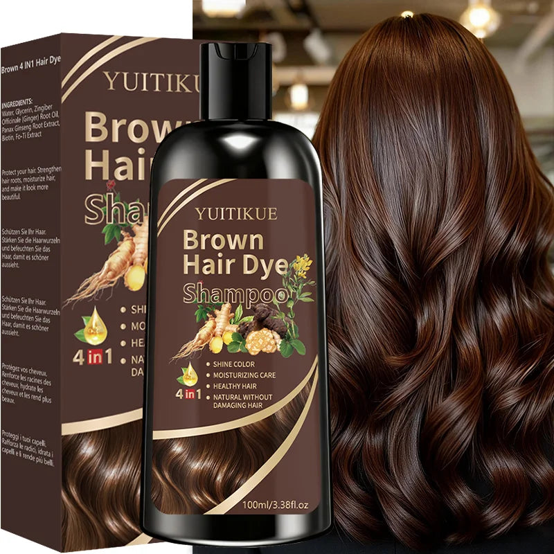 YUITIKUE Instant Brown Hair Color Shampoo 100ml - Gentle 4-in-1 Hair Dye Shampoo for Long Lasting Shiny Hair