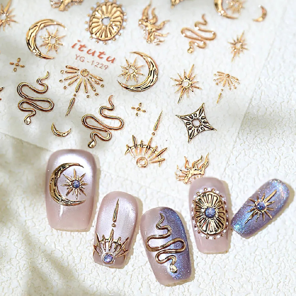 Gold Silver Snake Stars Nail Stickers for Nail Decoation Decals 5D Self-Adhesive Bronzing Stars Moon Totem DIY Supplies Slider