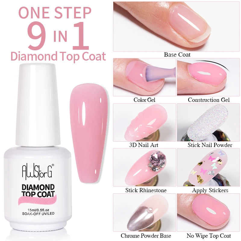 AWStorG15ml 2 IN 1 Crystal Top Coat Transparent Soak Off UV LED Nails Art Manicure Gel Nail Polish Varnishes Primer Function Gel