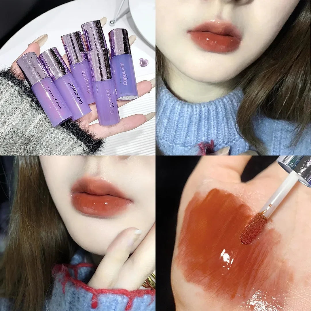 Water Light Lip Gloss Purple Mulberry Mirror Glass Lip Glaze Moisturizing Plump Lip Non Stick Cup Waterproof Long Lasting Makeup