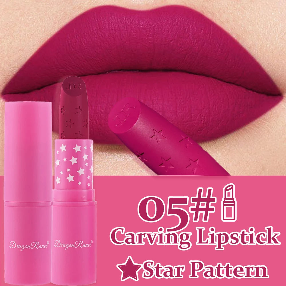 Waterproof Rose Pink Lipstick Star Embossed Velvet Matte Lasting Lip Stick Lasting Non-stick Cup Lip Gloss Women Makeup Cosmetic