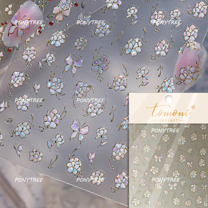 Elegant Pink Purple Flower Rose Colourful Gentle Petal Peach Blossom Metal Shiny Self Nail Art Sticker Decoration Manicure Decal