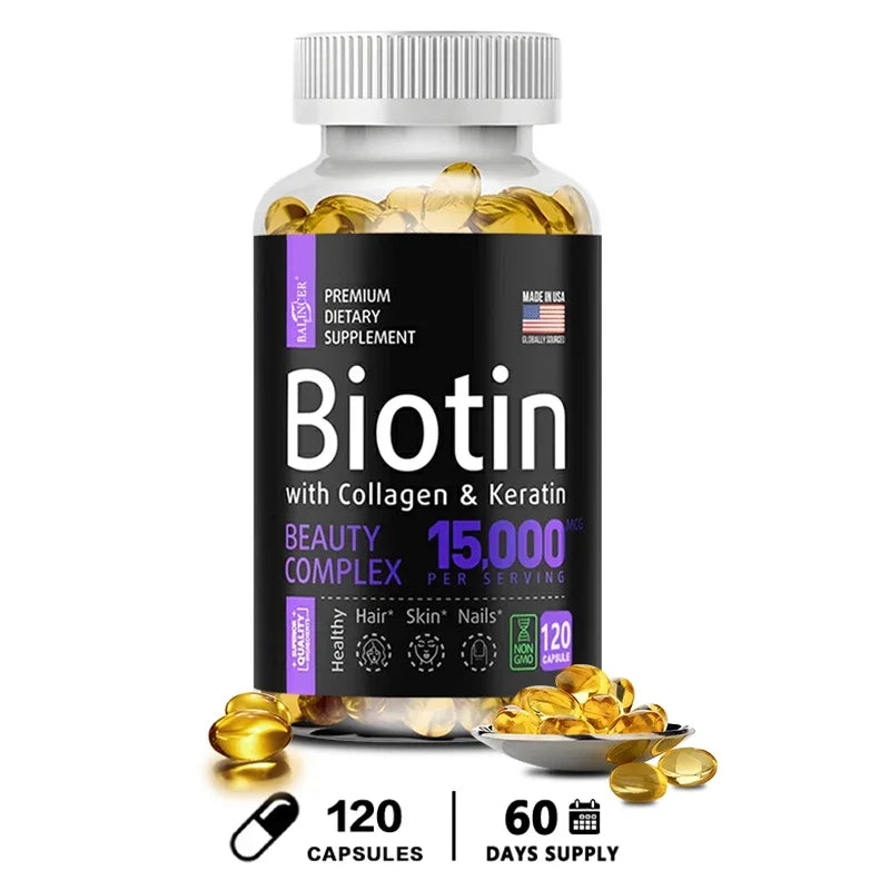 Biotin Capsules 15,000 MCG - Increase Healthier, Shinier Hair, Skin & Nails- 30 To 120 Capsules with Biotin Collagen A & B