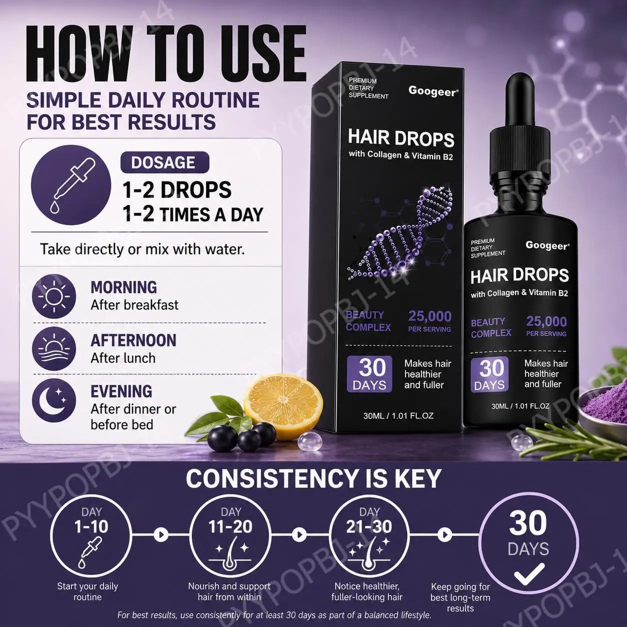 Googeer Collagen Hair Drops 30ML with Vitamin B2 for Stronger Fuller Hair Beauty Complex 30 Day Supply
